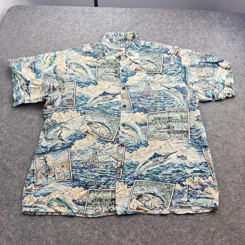 Reyn Spooner Art of Eddy Y Hawaiian Shirt Mens Large Fishing Graphic AOP